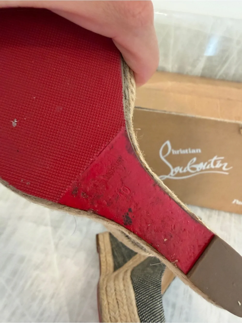 Christian Louboutin Black and Natural Espadrille Wedge Slingback